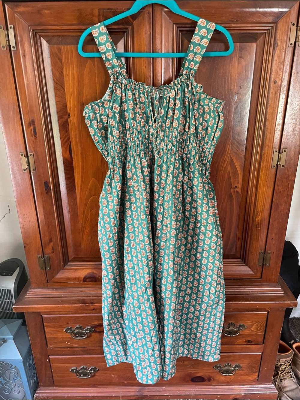 Doen Green Smocked Sundress with Cream & Coral Paisley Print